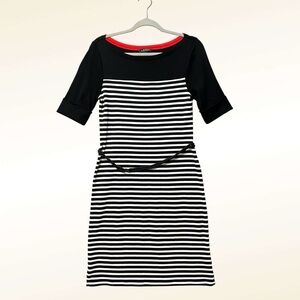 Lauren Ralph Lauren Striped Belted Midi Dress Size Medium Black White Preppy